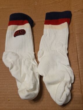 Gucci White Crew Socks with Navy & Red Trim